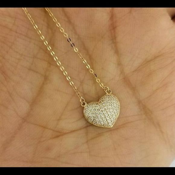 14K Yellow Gold Diamond like Cubic Zircon Puffed Heart Pendant Necklace Chain